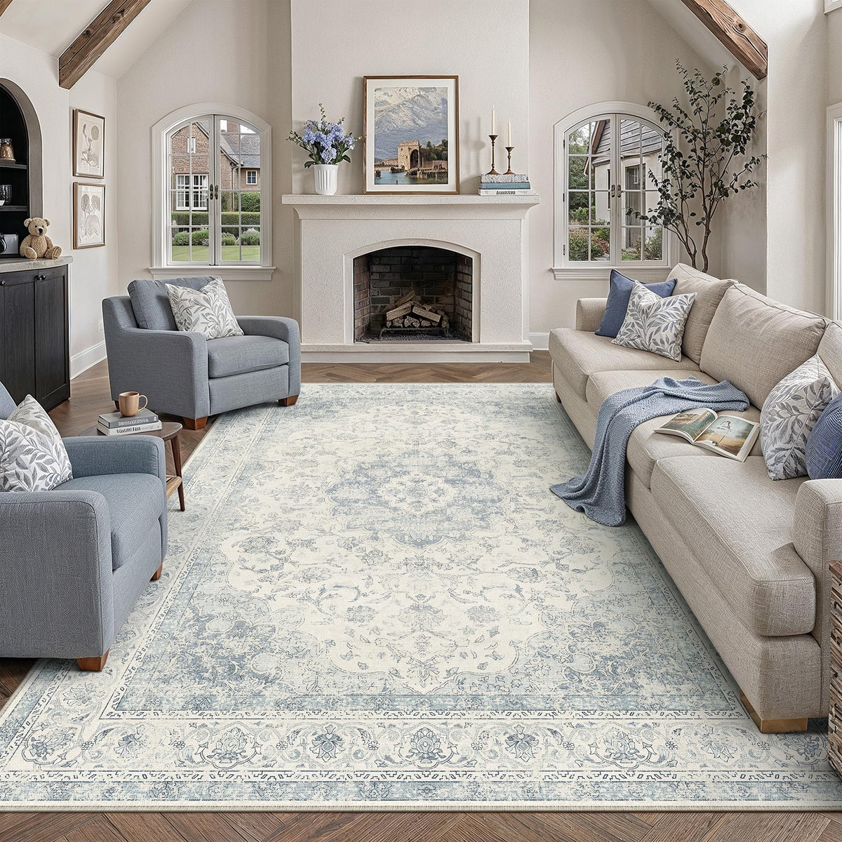 8x10 Washable Area Rug Beige Grey Non Slip Vintage Carpet