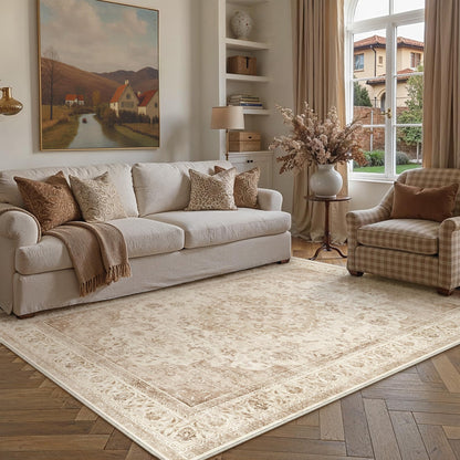 8x10 Washable Area Rug Beige Grey Non Slip Vintage Carpet