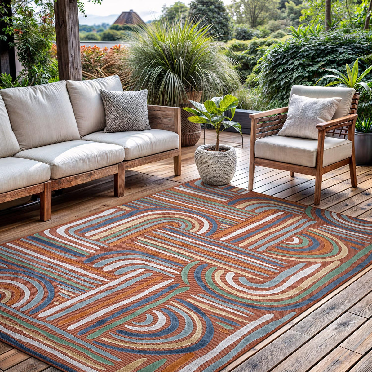 CAMILSON Indoor Outdoor Rug, Multi 5x7 Leaf Tropical Botanical Area Rugs for Indoor and Outdoor patios, Easy-Cleaning Non-Shedding Living Room, Garden and Kitchen Washable Outside Carpet (5 x 7)