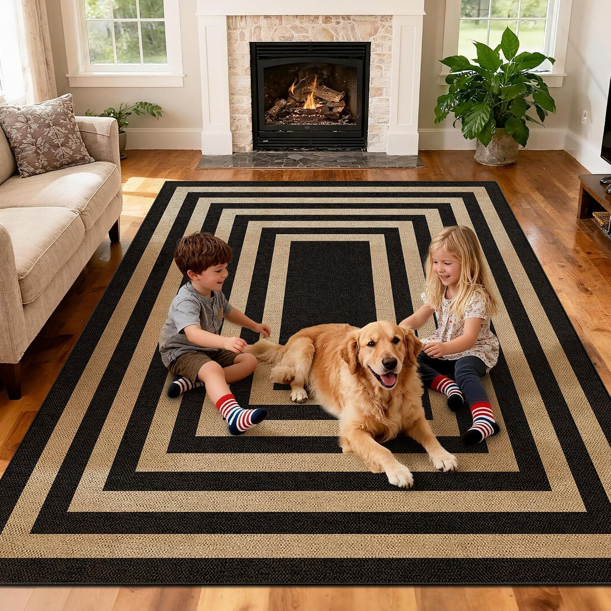 Washable 8x10 Black Striped Easy Jute Indoor Outdoor Rug for Living Room