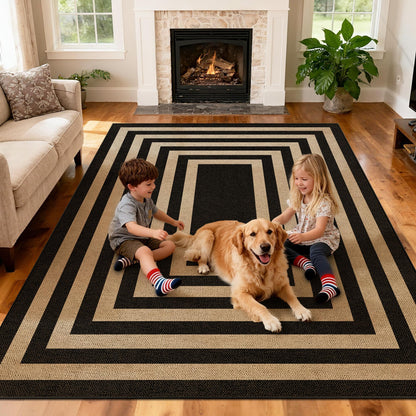Washable 8x10 Black Striped Easy Jute Indoor Outdoor Rug for Living Room