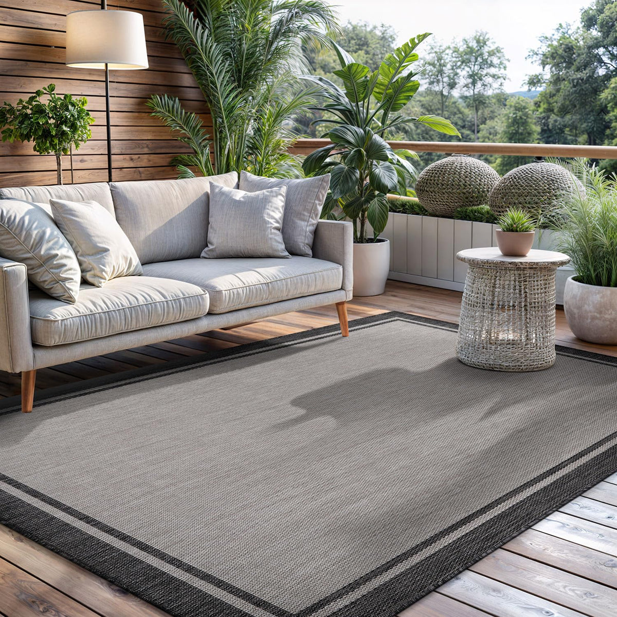 CAMILSON Indoor Outdoor Rug, 6x9 Bordered Dark Grey Black Modern Area Rugs for Indoor and Outdoor Patios, Kitchen and Hallway Mats, Washable Porch Deck Outside Carpet (Bordered Black, 6 x 9)
