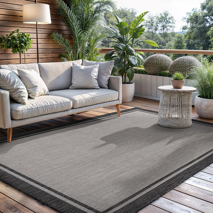 CAMILSON Indoor Outdoor Rug, 6x9 Bordered Dark Grey Black Modern Area Rugs for Indoor and Outdoor Patios, Kitchen and Hallway Mats, Washable Porch Deck Outside Carpet (Bordered Black, 6 x 9)