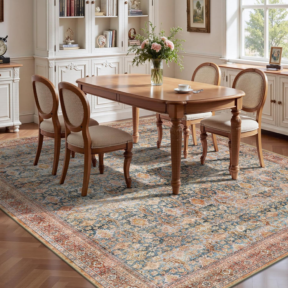 8x10 Area Rugs for Living Room - Washable Vintage Retro Large Rug, Soft Ultra Thin Non Slip Low Pile Traditional Distressed Boho Carpet for Bedroom Dining Room Home Office, Rust Clay