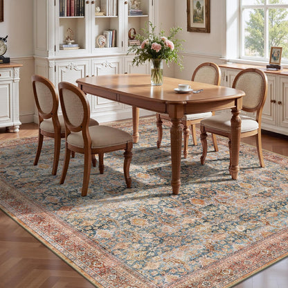 8x10 Area Rugs for Living Room - Washable Vintage Retro Large Rug, Soft Ultra Thin Non Slip Low Pile Traditional Distressed Boho Carpet for Bedroom Dining Room Home Office, Rust Clay
