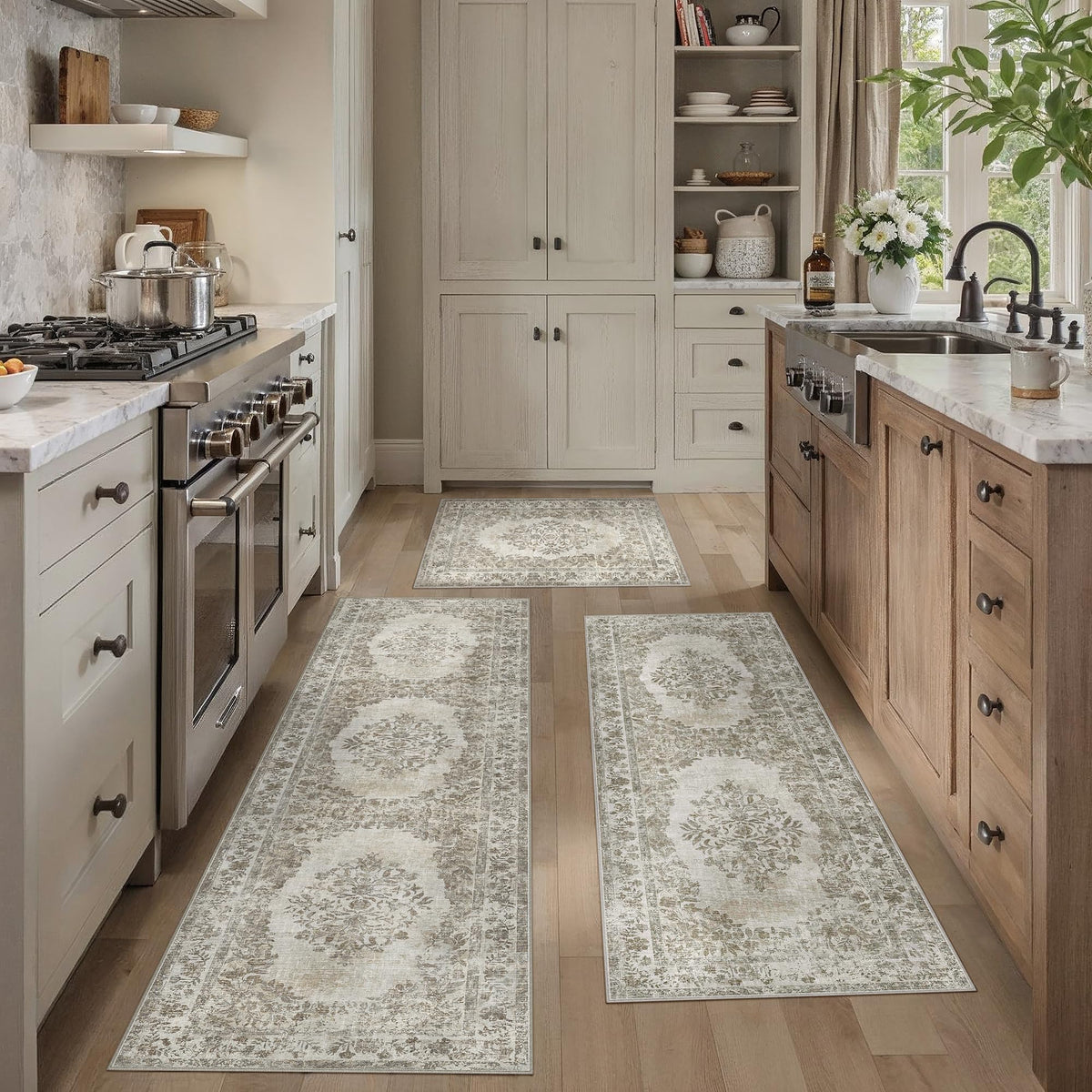 HUGEAR 3-Piece Grey Neutral Kitchen Rug Set