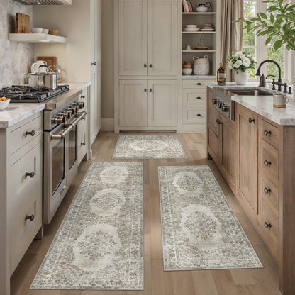 HUGEAR 3-Piece Grey Neutral Kitchen Rug Set