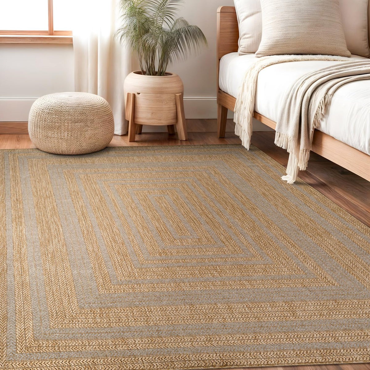Beverly Rug Easy Jute Bordered Rug 10x14 Washable Large Indoor Outdoor Area Rugs for Living Dining Room Patio Office Stain Resistant Non Shedding Casual Indoor Outside Carpet 10 x 14 Off-White