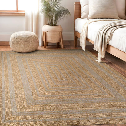Beverly Rug Easy Jute Bordered Rug 10x14 Washable Large Indoor Outdoor Area Rugs for Living Dining Room Patio Office Stain Resistant Non Shedding Casual Indoor Outside Carpet 10 x 14 Off-White