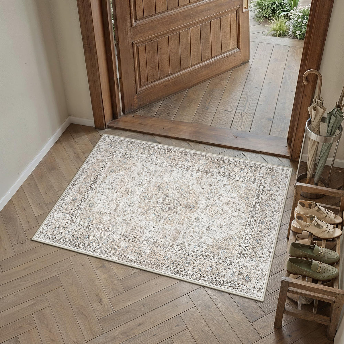 8x10 Washable Area Rug Beige Grey Non Slip Vintage Carpet