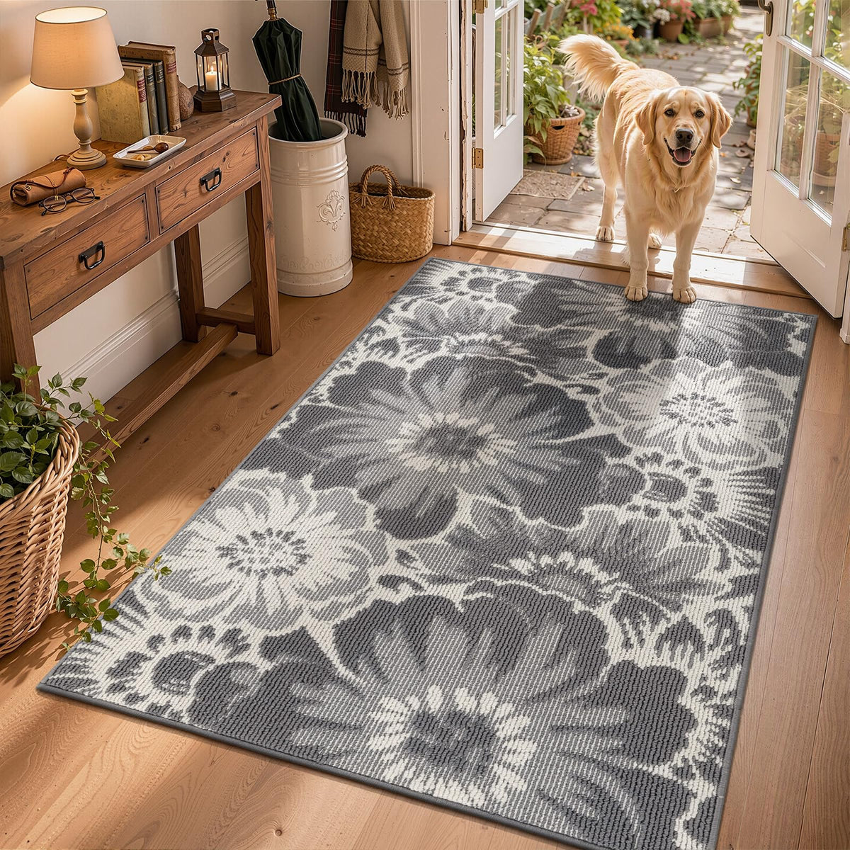Findosom Hallway Runner Rug 2x6, Non Slip High-Low Textured Floral Washable Runner Rug with Rubber Backing, Boho Carpet Runner for Kitchen, Entryway, Bedroom, Laundry, Black & Beige