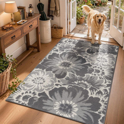 Findosom Hallway Runner Rug 2x6, Non Slip High-Low Textured Floral Washable Runner Rug with Rubber Backing, Boho Carpet Runner for Kitchen, Entryway, Bedroom, Laundry, Black & Beige