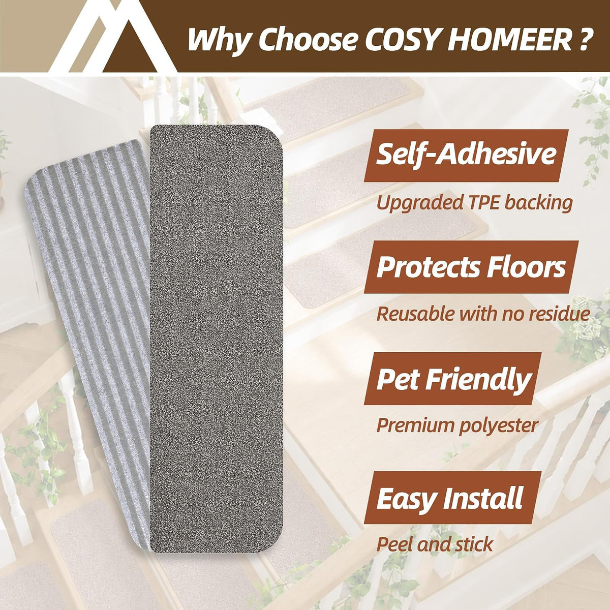 COSY HOMEER Stair Treads for Wooden Steps Non-Slip Carpet Mat,15pcs,Grey