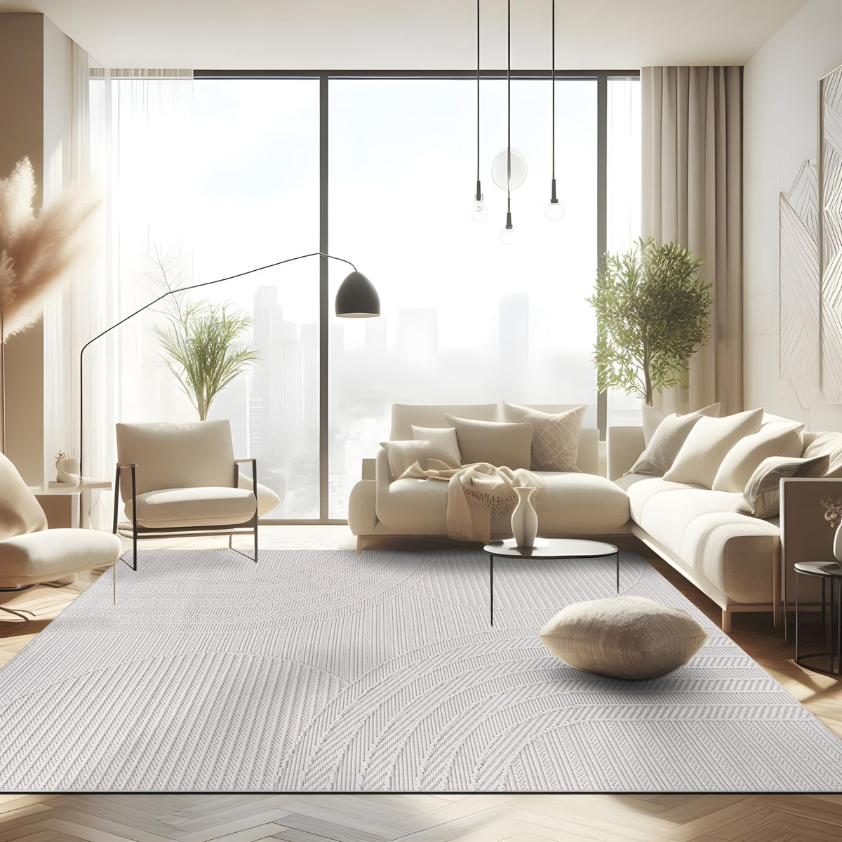CAMILSON Modern Rug 6x9 Luxury Geometric Pattern Micro Loop Area Rugs Soft High and Low Pile Stain Resistant Easy to Clean Non-Shedding Durable Living Room Office Indoor Carpet (White/Black)
