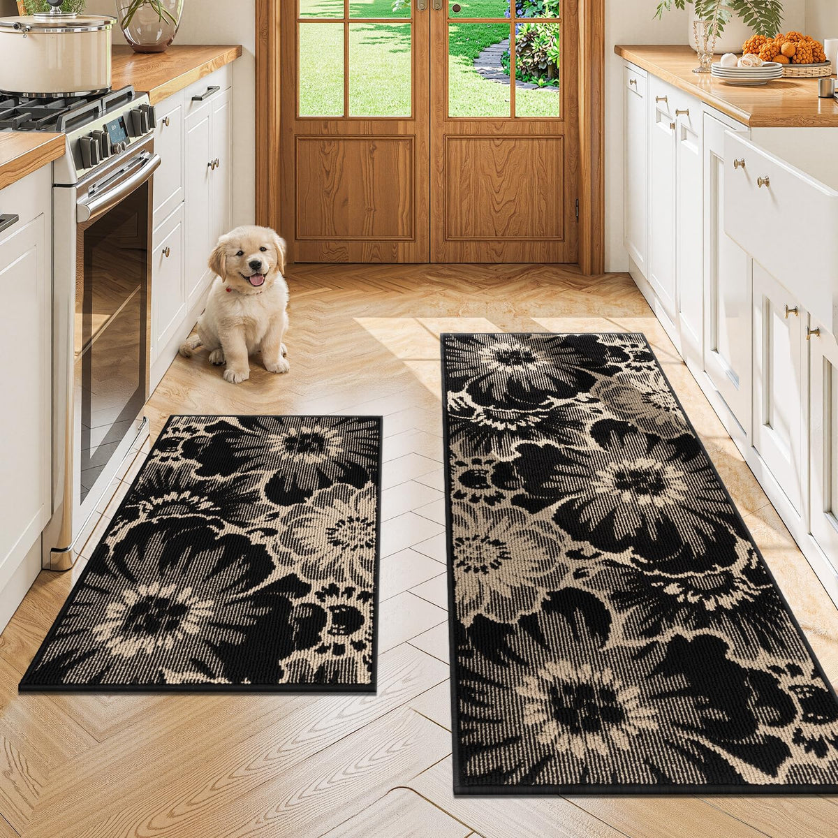 Findosom Hallway Runner Rug 2x6, Non Slip High-Low Textured Floral Washable Runner Rug with Rubber Backing, Boho Carpet Runner for Kitchen, Entryway, Bedroom, Laundry, Black & Beige
