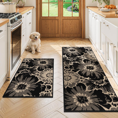 Findosom Hallway Runner Rug 2x6, Non Slip High-Low Textured Floral Washable Runner Rug with Rubber Backing, Boho Carpet Runner for Kitchen, Entryway, Bedroom, Laundry, Black & Beige