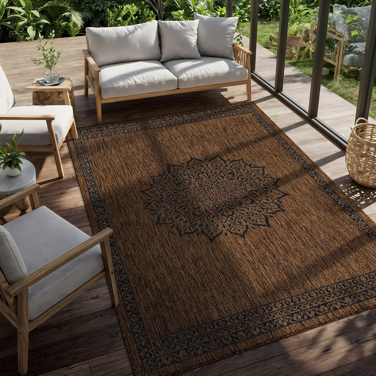 CAMILSON Indoor Outdoor Rug, 6x9 Bordered Dark Grey Black Modern Area Rugs for Indoor and Outdoor Patios, Kitchen and Hallway Mats, Washable Porch Deck Outside Carpet (Bordered Black, 6 x 9)