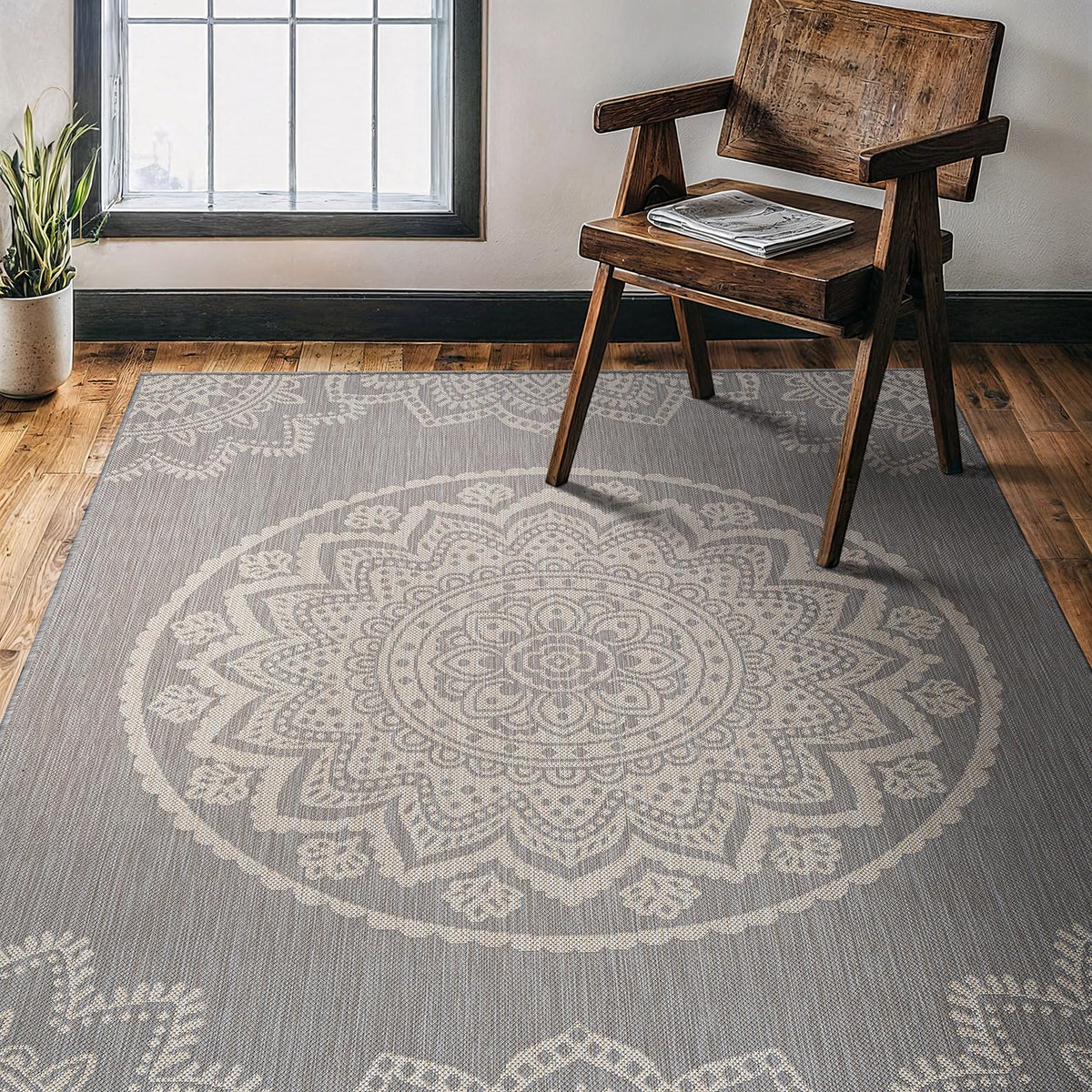 CAMILSON Outdoor Rug 5x7 Modern Area Rugs for Indoor and Outdoor Patios and Porches - Waterproof, Washable, Non-Shedding, Easy-to-Clean Outside Carpet (5 x 7, Medallion - Beige/White)