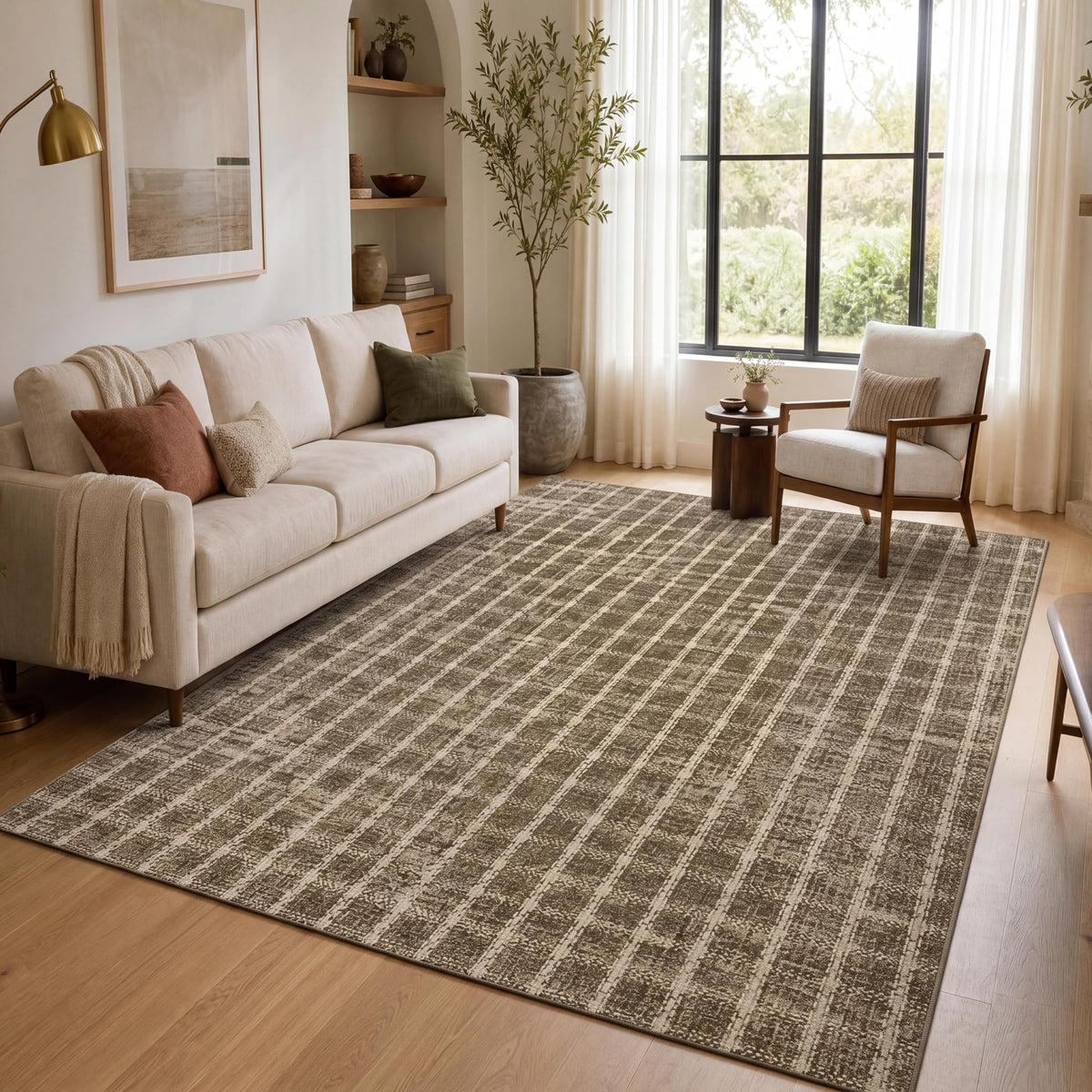 ROYHOME 6x9 Area Rug for Living Room Washable Khaki Brown Checkered Rugs