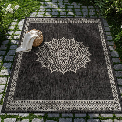 CAMILSON Indoor Outdoor Rug, 6x9 Bordered Dark Grey Black Modern Area Rugs for Indoor and Outdoor Patios, Kitchen and Hallway Mats, Washable Porch Deck Outside Carpet (Bordered Black, 6 x 9)