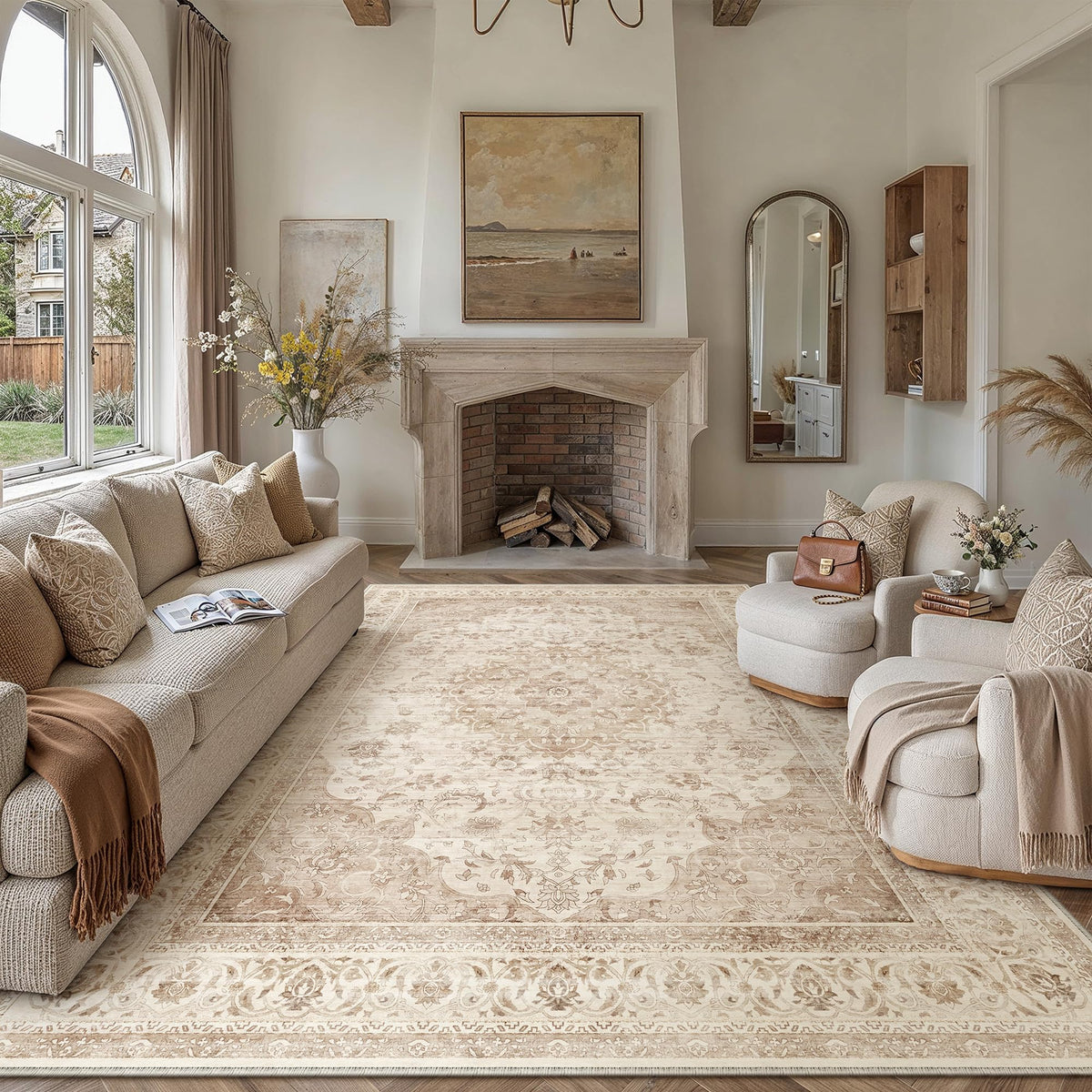 8x10 Washable Area Rug Beige Grey Non Slip Vintage Carpet