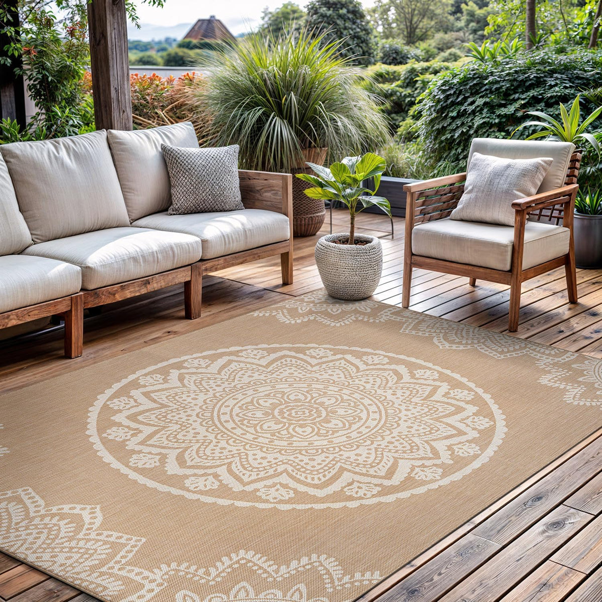 CAMILSON Outdoor Rug 5x7 Modern Area Rugs for Indoor and Outdoor Patios and Porches - Waterproof, Washable, Non-Shedding, Easy-to-Clean Outside Carpet (5 x 7, Medallion - Beige/White)