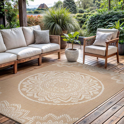 CAMILSON Outdoor Rug 5x7 Modern Area Rugs for Indoor and Outdoor Patios and Porches - Waterproof, Washable, Non-Shedding, Easy-to-Clean Outside Carpet (5 x 7, Medallion - Beige/White)