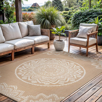 CAMILSON Outdoor Rug 5x7 Modern Area Rugs for Indoor and Outdoor Patios and Porches - Waterproof, Washable, Non-Shedding, Easy-to-Clean Outside Carpet (5 x 7, Medallion - Beige/White)
