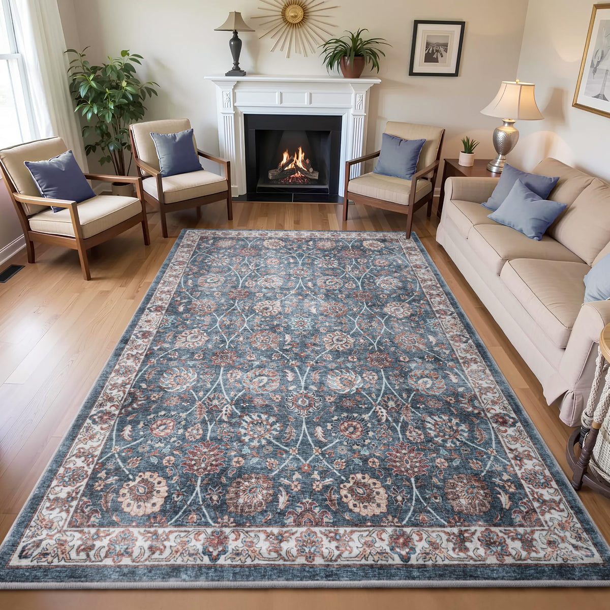 Carvapet Washable 3x5 Area Rug Orange Blue Vintage Floral Carpet