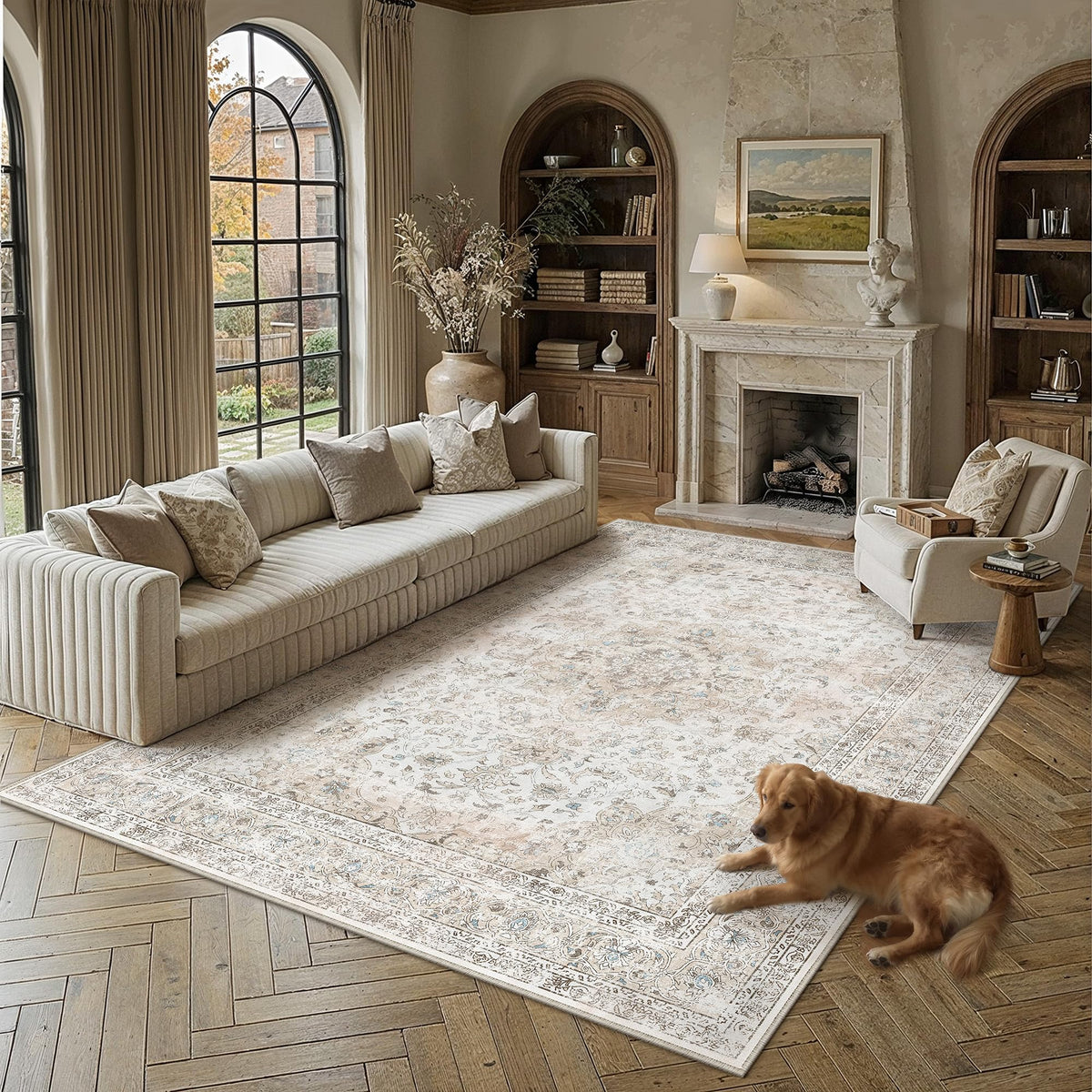 8x10 Washable Area Rug Beige Grey Non Slip Vintage Carpet