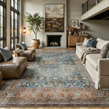 8x10 Area Rugs for Living Room - Washable Vintage Retro Large Rug, Soft Ultra Thin Non Slip Low Pile Traditional Distressed Boho Carpet for Bedroom Dining Room Home Office, Rust Clay