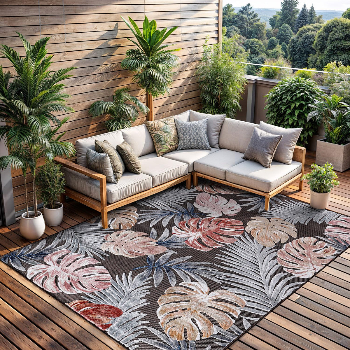 CAMILSON Indoor Outdoor Rug, Multi 5x7 Leaf Tropical Botanical Area Rugs for Indoor and Outdoor patios, Easy-Cleaning Non-Shedding Living Room, Garden and Kitchen Washable Outside Carpet (5 x 7)
