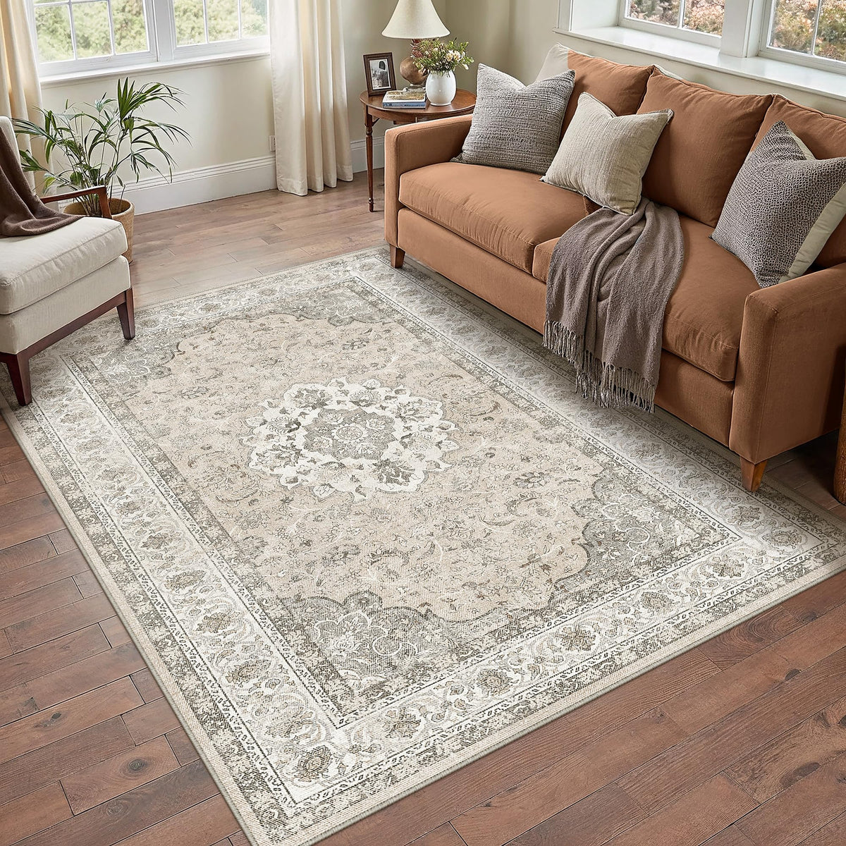 8x10 Washable Area Rug Beige Grey Non Slip Vintage Carpet