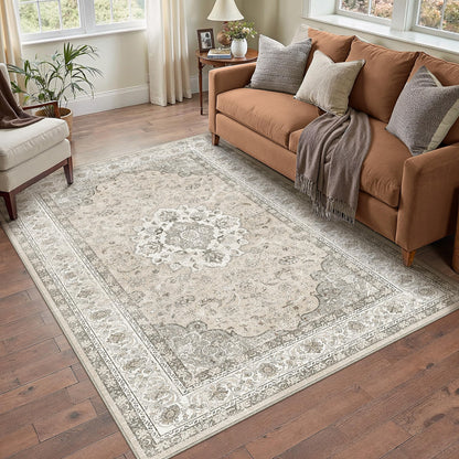 8x10 Washable Area Rug Beige Grey Non Slip Vintage Carpet