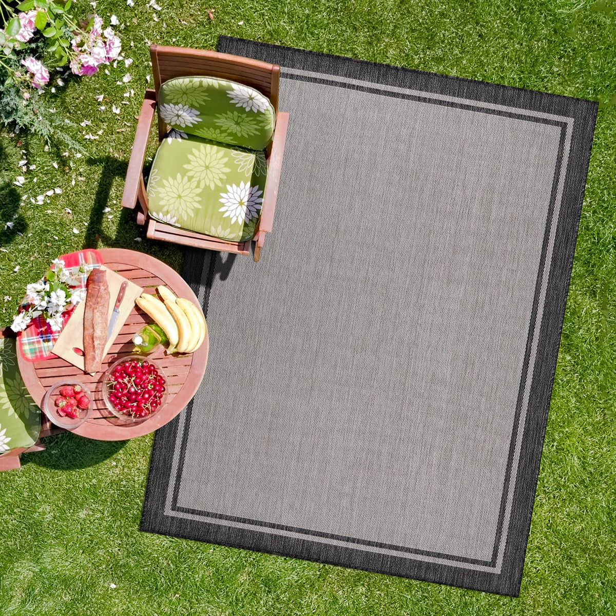 CAMILSON Indoor Outdoor Rug, 6x9 Bordered Dark Grey Black Modern Area Rugs for Indoor and Outdoor Patios, Kitchen and Hallway Mats, Washable Porch Deck Outside Carpet (Bordered Black, 6 x 9)