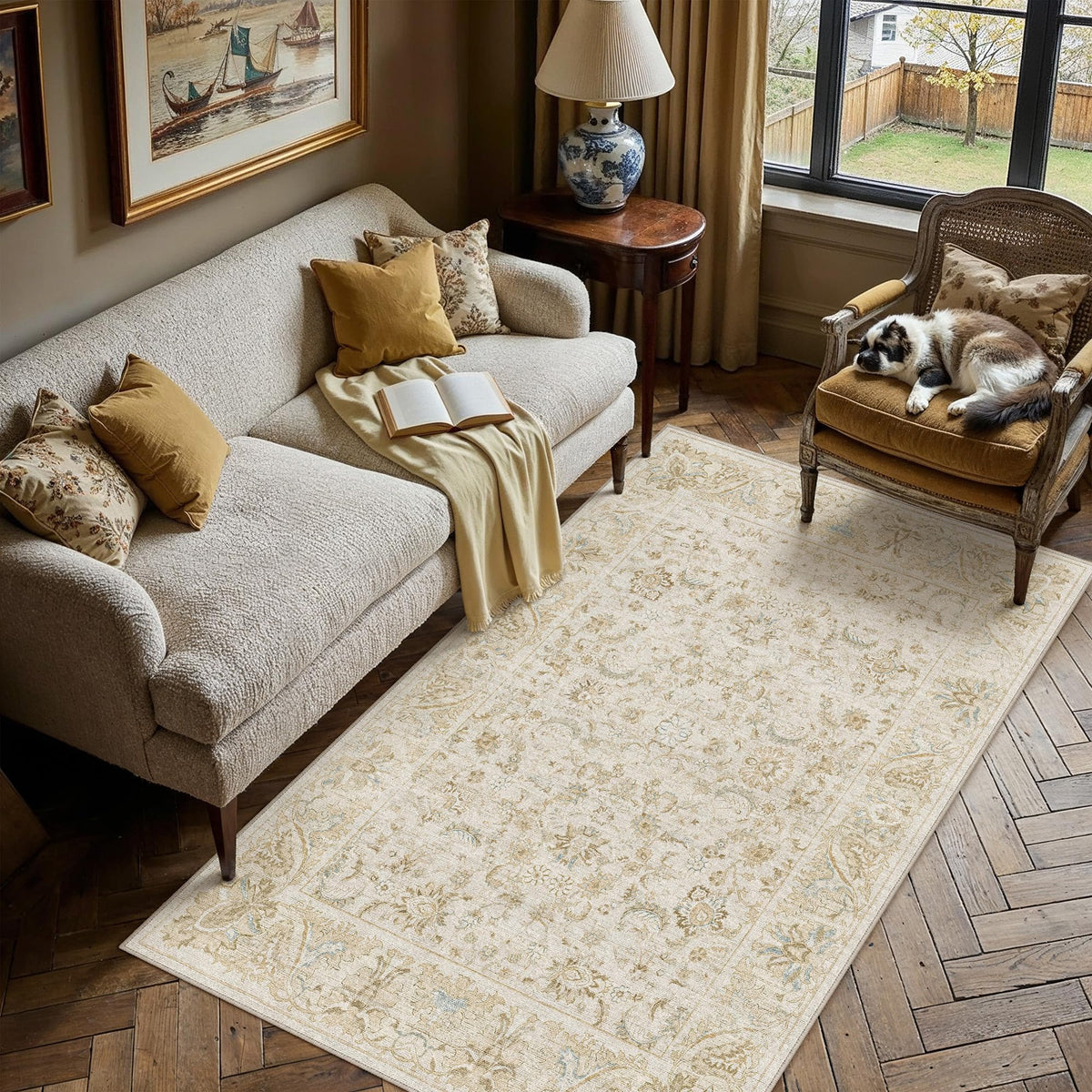 8x10 Washable Area Rug Beige Grey Non Slip Vintage Carpet