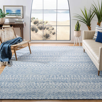 SAFAVIEH Micro-Loop Collection Accent Rug - 2'6" x 4', Blue & Ivory, Handmade Moroccan Boho Tribal Wool, Ideal for High Traffic Areas in Entryway, Living Room, Bedroom (MLP502M)