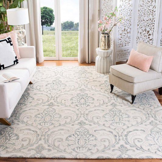 SAFAVIEH Micro-Loop Collection Area Rug - 7' Square, Ivory & Grey, Handmade Wool, Ideal for High Traffic Areas in Living Room, Bedroom (MLP532F)