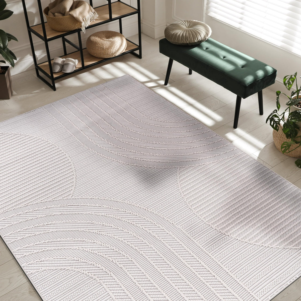 CAMILSON Modern Rug 6x9 Luxury Geometric Pattern Micro Loop Area Rugs Soft High and Low Pile Stain Resistant Easy to Clean Non-Shedding Durable Living Room Office Indoor Carpet (White/Black)