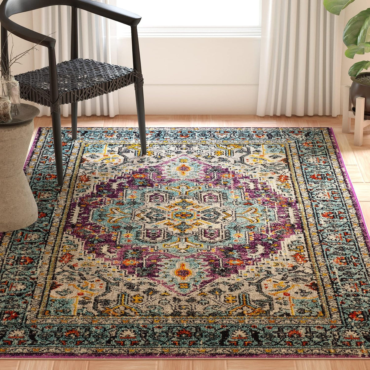 SAFAVIEH Monaco Collection Accent Rug - 4' x 5'7", Violet & Light Blue, Medallion Distressed Design, Non-Shedding & Easy Care, Ideal for High Traffic Areas in Entryway, Living Room, Bedroom (MNC251L)