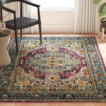 SAFAVIEH Monaco Collection Accent Rug - 4' x 5'7", Violet & Light Blue, Medallion Distressed Design, Non-Shedding & Easy Care, Ideal for High Traffic Areas in Entryway, Living Room, Bedroom (MNC251L)