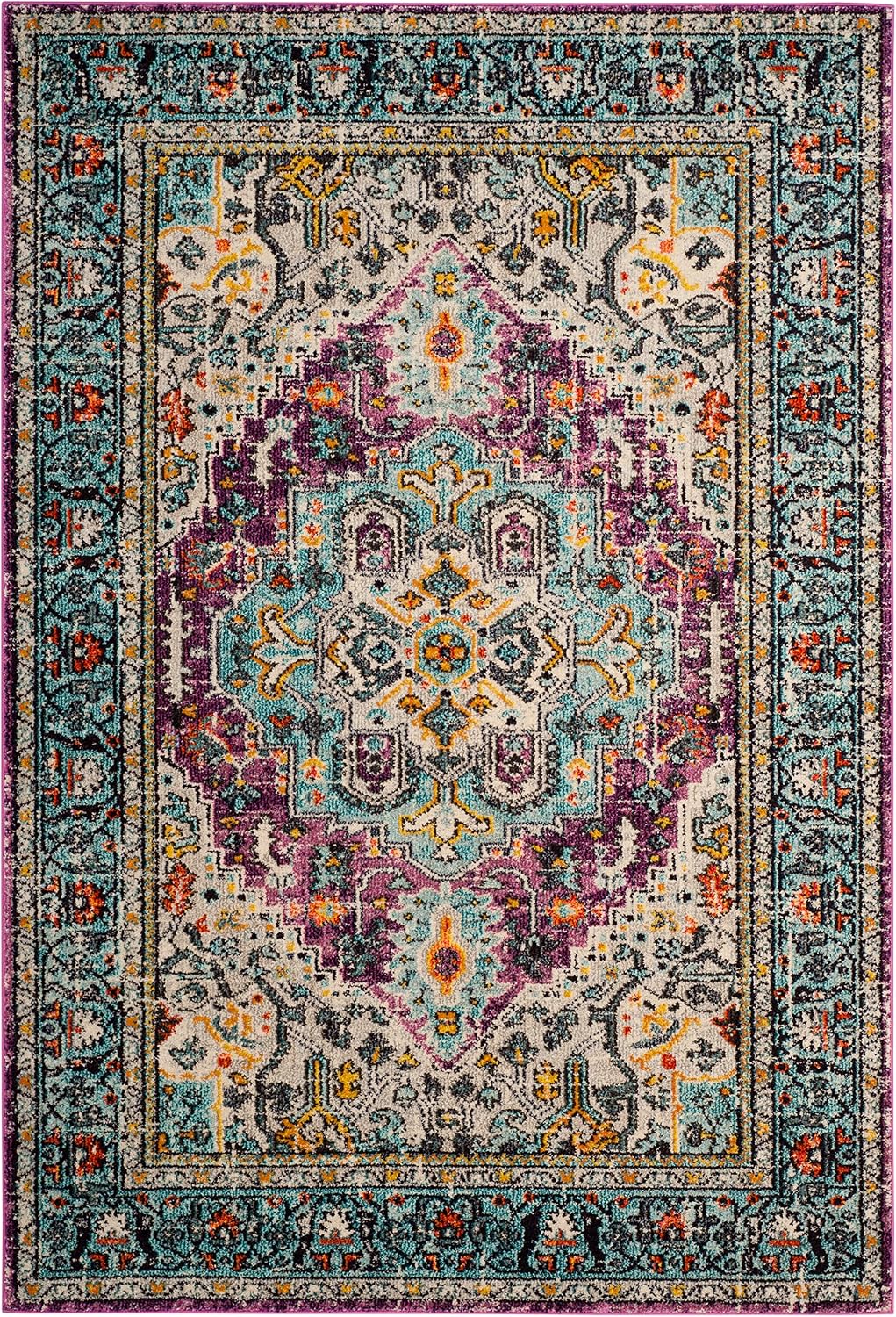SAFAVIEH Monaco Collection Accent Rug - 4' x 5'7", Violet & Light Blue, Medallion Distressed Design, Non-Shedding & Easy Care, Ideal for High Traffic Areas in Entryway, Living Room, Bedroom (MNC251L)
