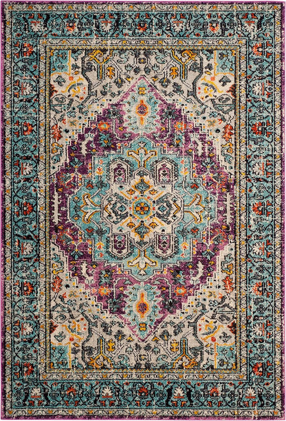 SAFAVIEH Monaco Collection Accent Rug - 4' x 5'7", Violet & Light Blue, Medallion Distressed Design, Non-Shedding & Easy Care, Ideal for High Traffic Areas in Entryway, Living Room, Bedroom (MNC251L)
