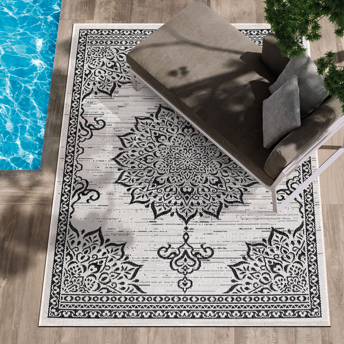 CAMILSON Indoor Outdoor Rug, 6x9 Bordered Dark Grey Black Modern Area Rugs for Indoor and Outdoor Patios, Kitchen and Hallway Mats, Washable Porch Deck Outside Carpet (Bordered Black, 6 x 9)