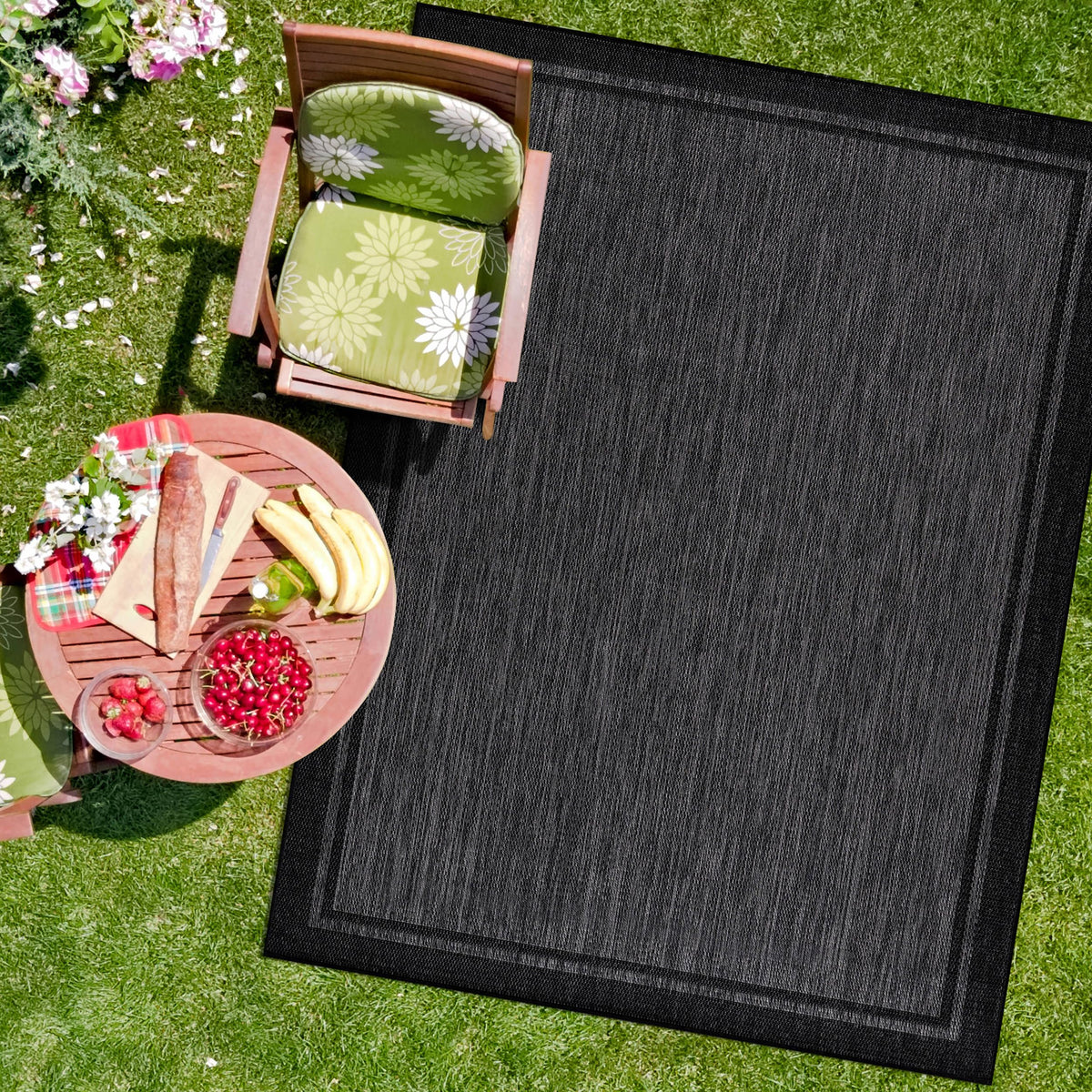 CAMILSON Indoor Outdoor Rug, 6x9 Bordered Dark Grey Black Modern Area Rugs for Indoor and Outdoor Patios, Kitchen and Hallway Mats, Washable Porch Deck Outside Carpet (Bordered Black, 6 x 9)