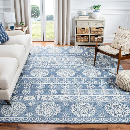 SAFAVIEH Area Rug 8x10 - Micro-Loop Collection - Large - Blue & Ivory, Handmade Wool, Ideal for Living Room, Bedroom, Office, Dining Space (MLP607M)