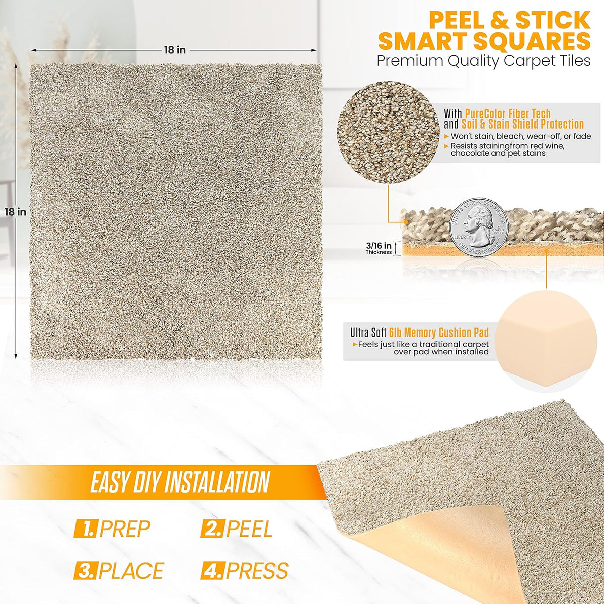 Peak Performance Peel and Stick Carpet Tiles with Attached Cushion, Easy DIY Install, Soft Residential Carpet, Seamless Appearance (Everest, 10 Tiles - 22.5 Square Feet)
