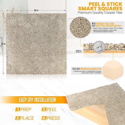 Peak Performance Peel and Stick Carpet Tiles with Attached Cushion, Easy DIY Install, Soft Residential Carpet, Seamless Appearance (Everest, 10 Tiles - 22.5 Square Feet)