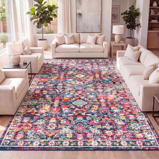 JONATHAN Y Modern Boho Floral Multi/Purple Indoor Area Rug, 4x6, Bohemian, Vintage, Easy-Cleaning for Living Room, Bedroom, Kitchen, Pet Friendly, Non-Shedding (MDP200A-4)