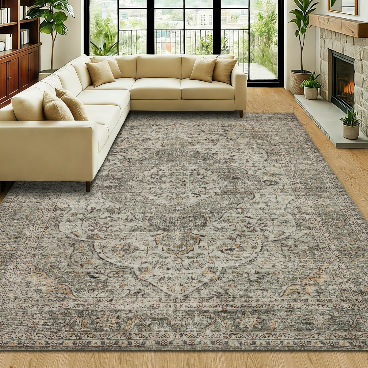 RCTJHOME 9x12 Brown Vintage Oriental Washable Area Rug Non-Slip Soft Carpet